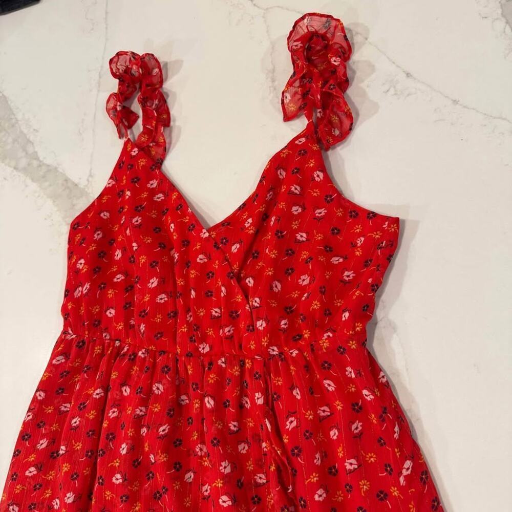 Madewell Ruffle Strap Wrap Dress Women's 4 Metallic Striped Prairie Posies Red - Picture 3 of 8